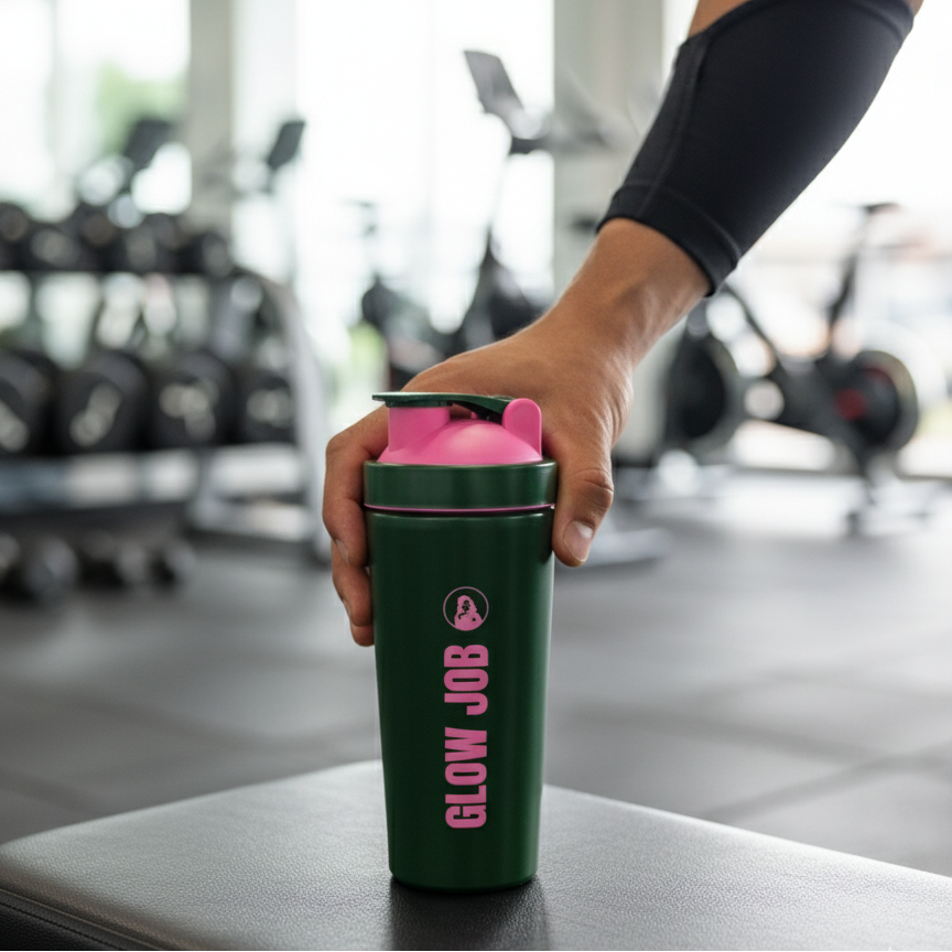Hand holding a green and pink shaker bottle with 'GLOW JOB' text in a gym setting